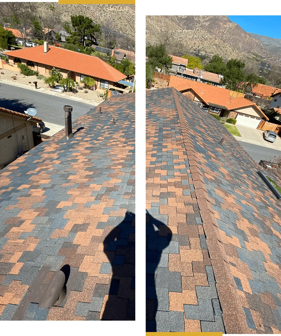 Rooftop view with patterned shingles and landscape.